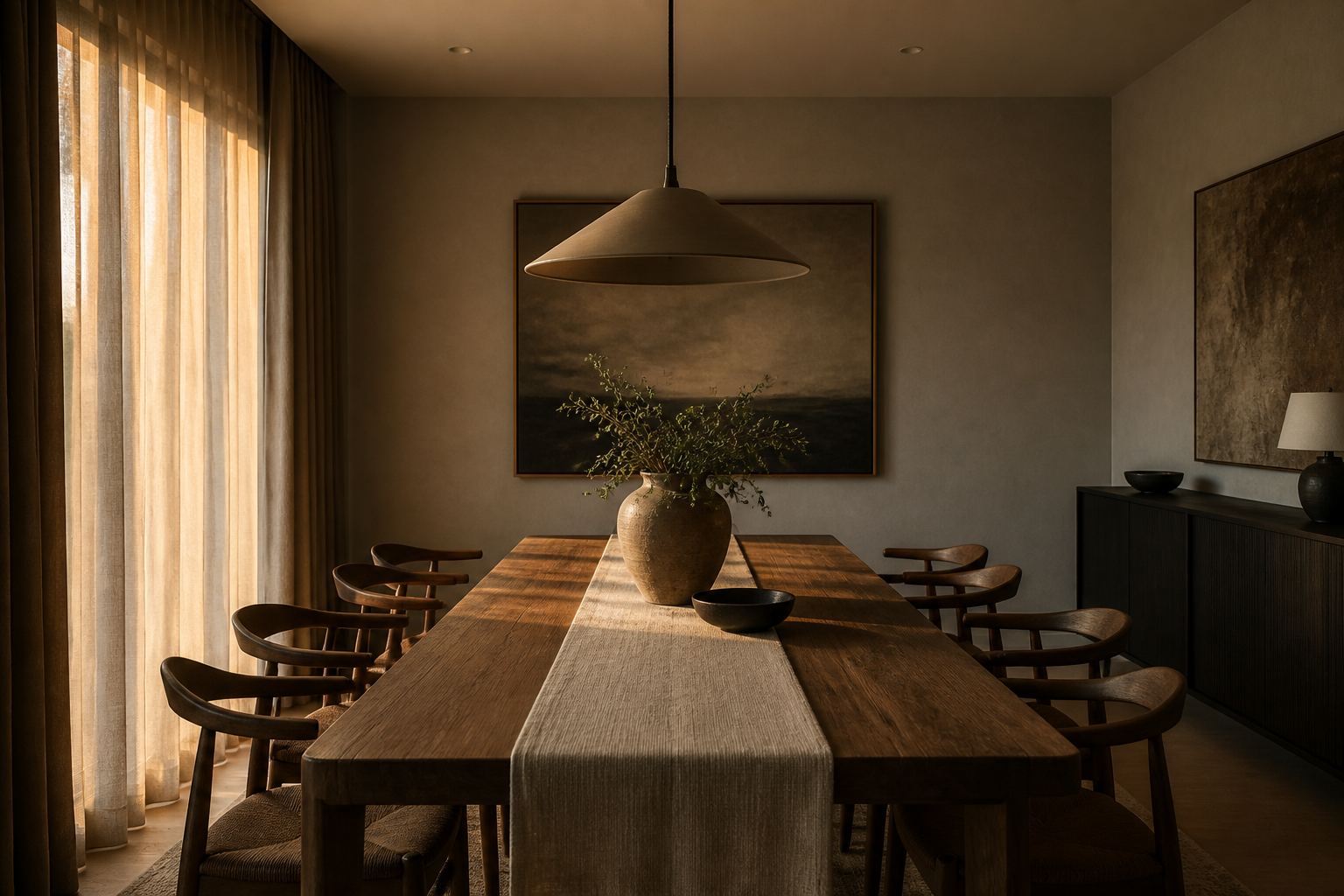 Dining room with a long oak table, linen runner, and warm pendant light