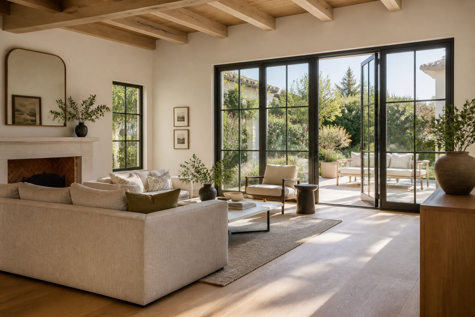 Sunlit living room with linen sofa and steel-and-glass doors opening to a patio