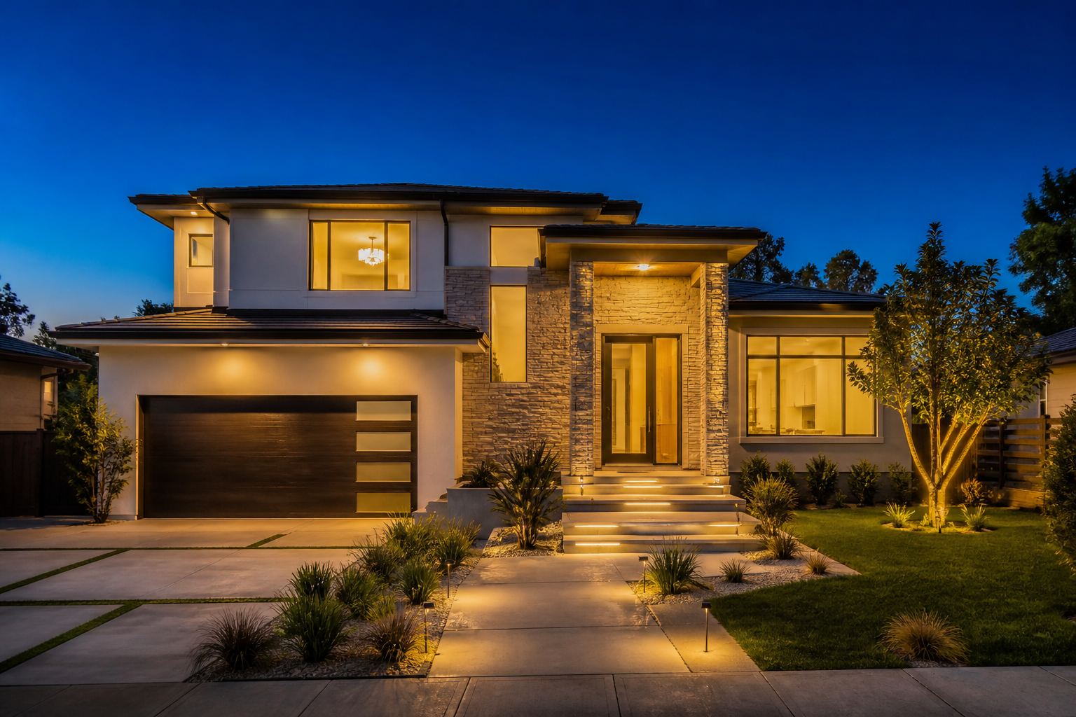Modern home exterior just after sunset with warm interior lights in the windows