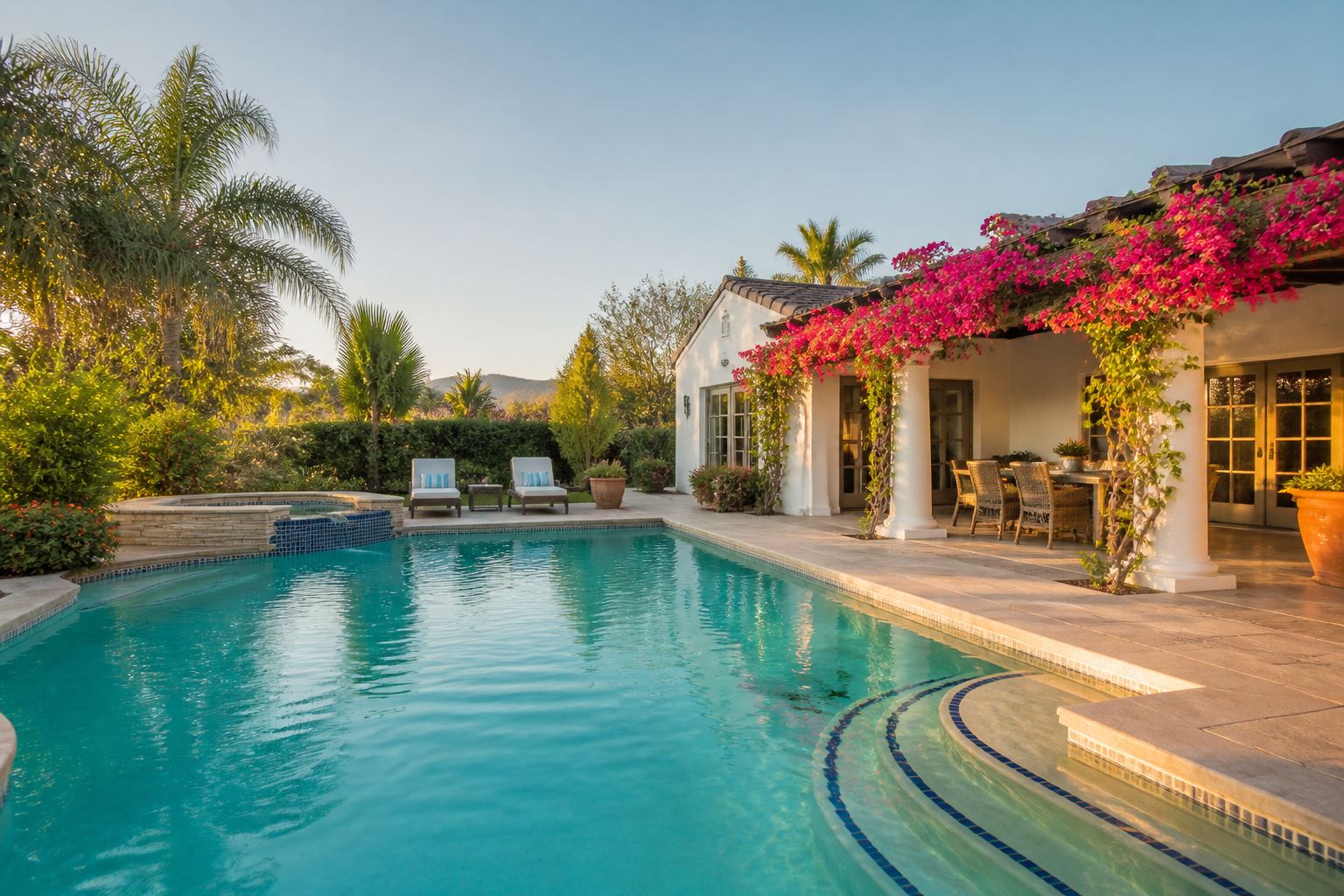 Backyard pool and lounge chairs in late-day Southern California light