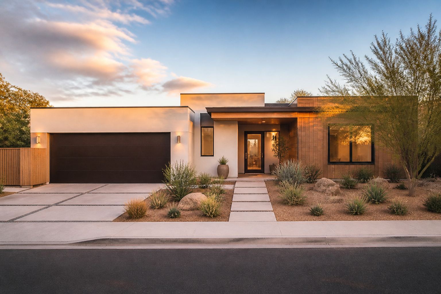 Modern stucco-and-wood house exterior at golden hour with drought-tolerant planting