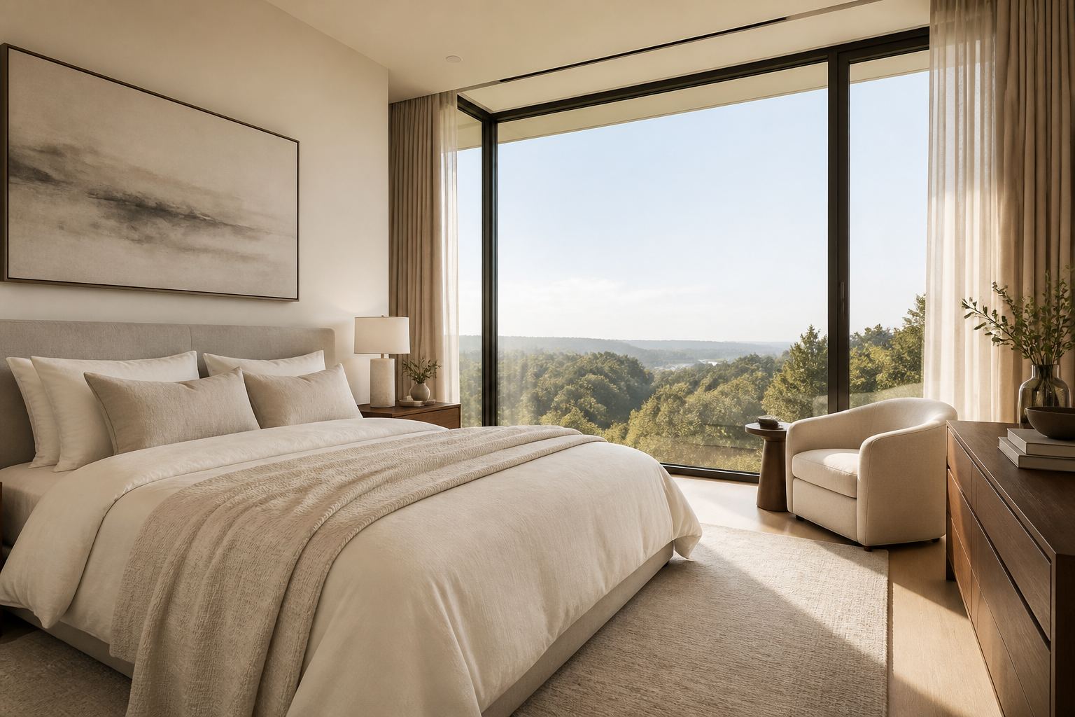 Calm primary bedroom with linen bedding and floor-to-ceiling windows