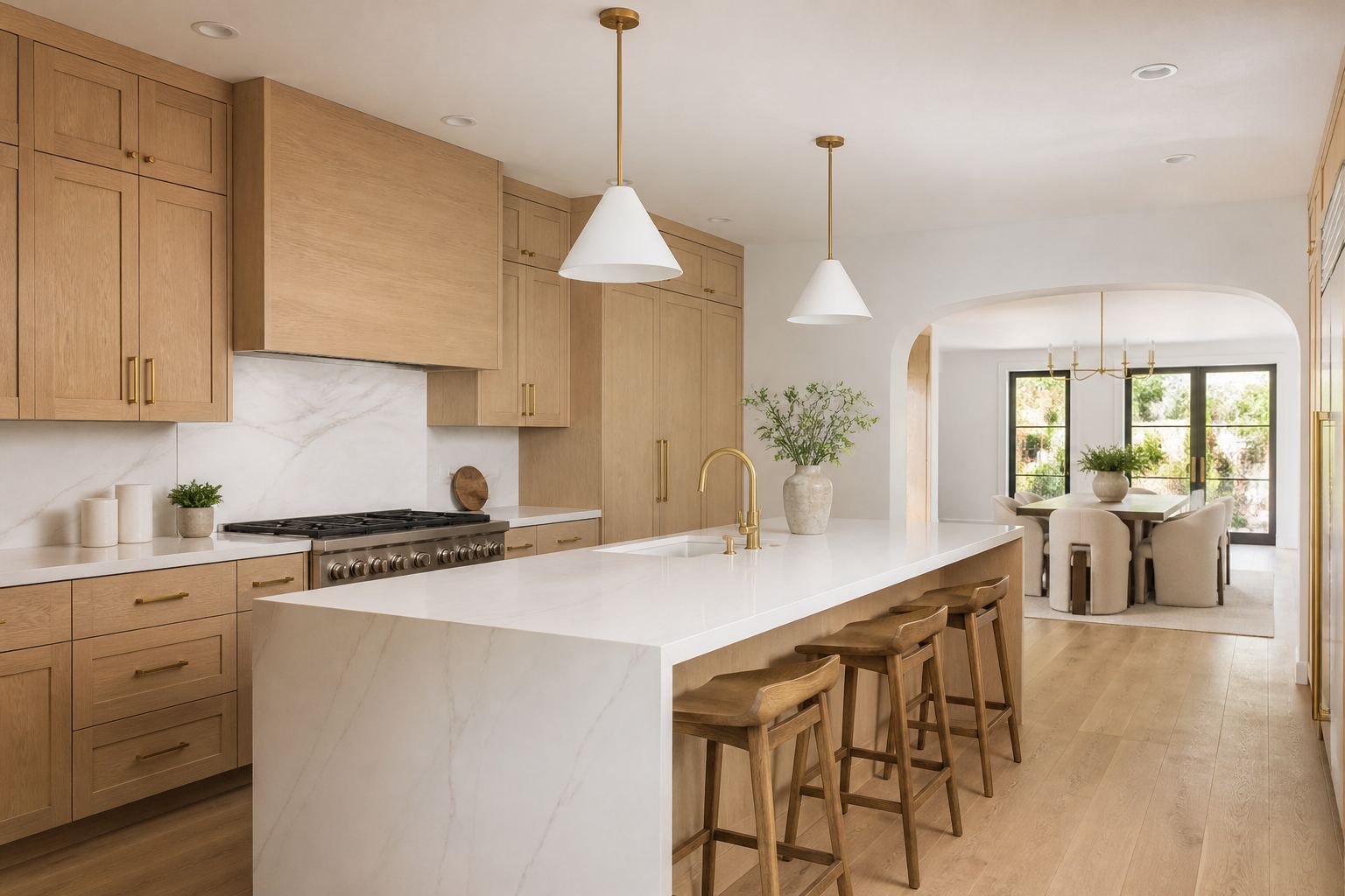 Pale oak kitchen with a quartz island and pendant lights in afternoon window light