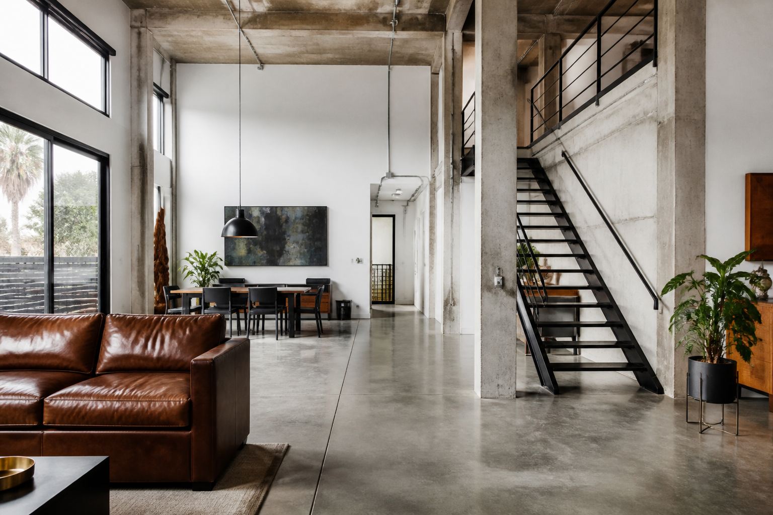 Industrial-modern loft living space with tall windows and an open stair